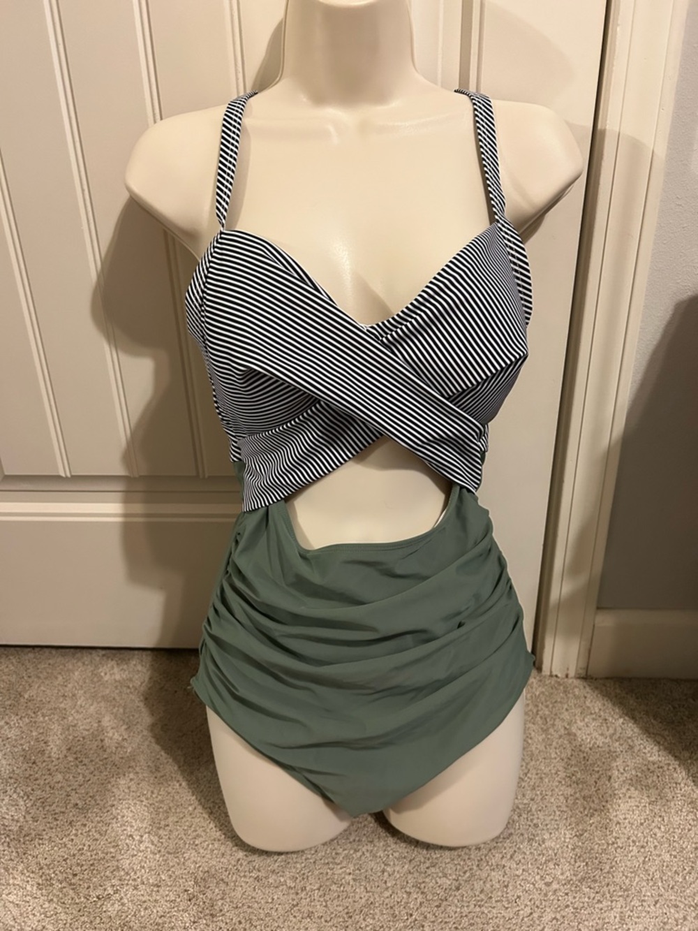 NWT Eomenie Striped Cross-Front Bikini Top with Olive High-Waist Bottoms Sz M